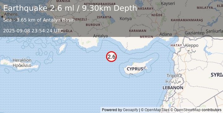 Earthquake CYPRUS REGION (2.6 ml) (2025-09-08 23:54:24 UTC)
