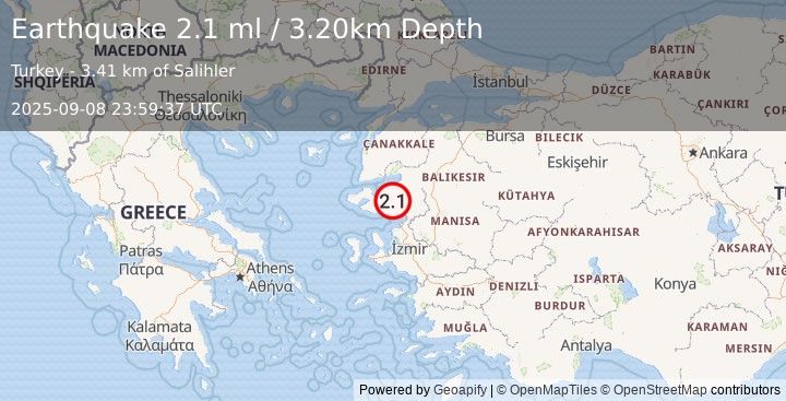 Earthquake NEAR THE COAST OF WESTERN TURKEY (2.1 ml) (2025-09-08 23:59:37 UTC)