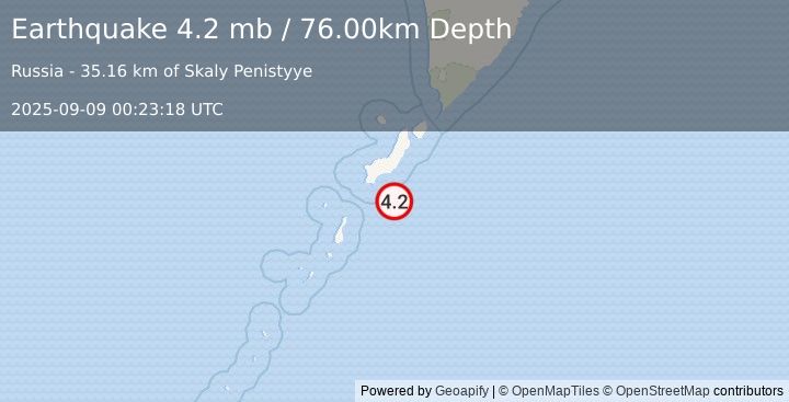 Earthquake KURIL ISLANDS (4.2 mb) (2025-09-09 00:23:18 UTC)