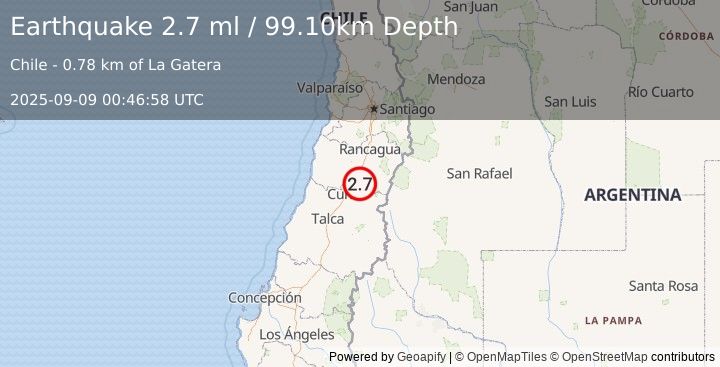 Earthquake LIBERTADOR O'HIGGINS, CHILE (2.7 ml) (2025-09-09 00:46:58 UTC)
