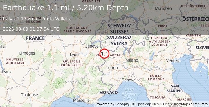 Earthquake NORTHERN ITALY (1.1 ml) (2025-09-09 01:37:54 UTC)
