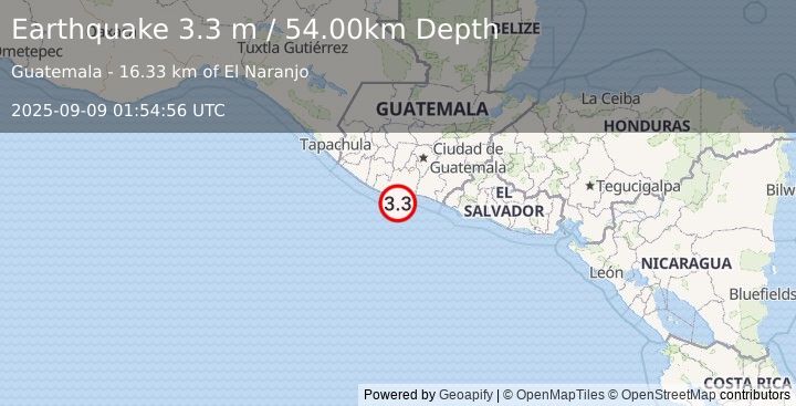 Earthquake OFFSHORE GUATEMALA (3.3 m) (2025-09-09 01:54:56 UTC)