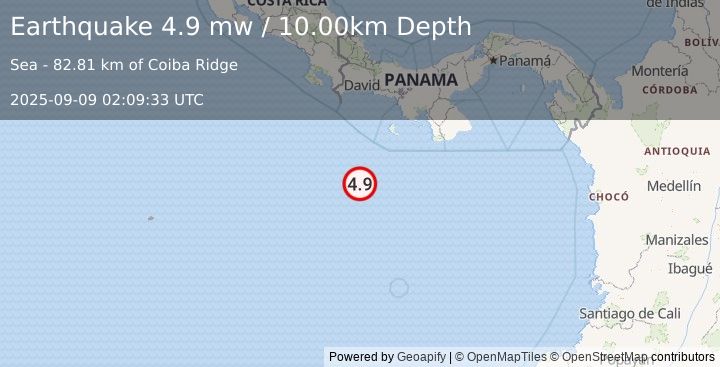 Earthquake SOUTH OF PANAMA (4.9 mw) (2025-09-09 02:09:33 UTC)