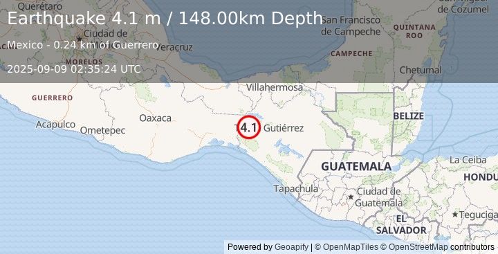 Earthquake CHIAPAS, MEXICO (4.1 m) (2025-09-09 02:35:24 UTC)