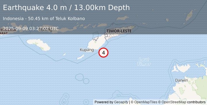 Earthquake TIMOR REGION, INDONESIA (4.0 m) (2025-09-09 03:27:02 UTC)