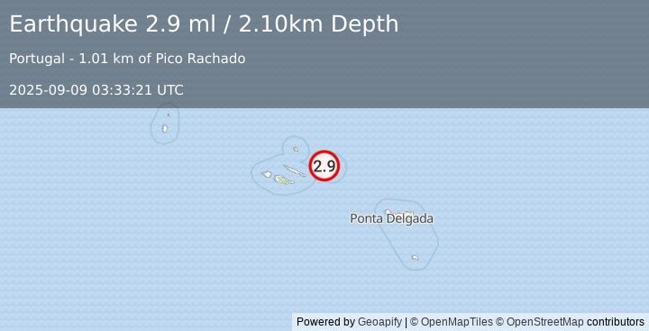 Earthquake AZORES ISLANDS, PORTUGAL (2.9 ml) (2025-09-09 03:33:21 UTC)