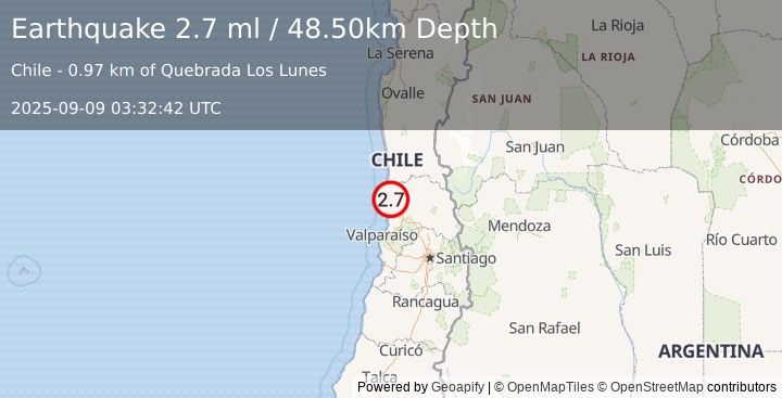 Earthquake OFFSHORE VALPARAISO, CHILE (2.7 ml) (2025-09-09 03:32:42 UTC)