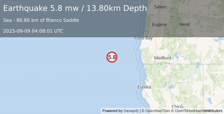 Earthquake OFF COAST OF OREGON (5.8 mw) (2025-09-09 04:08:01 UTC)