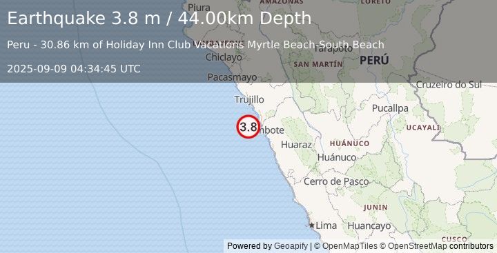 Earthquake NEAR COAST OF NORTHERN PERU (3.8 m) (2025-09-09 04:34:45 UTC)