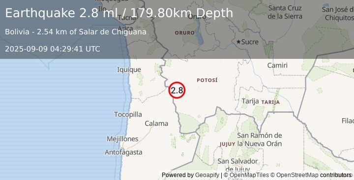 Earthquake POTOSI, BOLIVIA (2.8 ml) (2025-09-09 04:29:41 UTC)