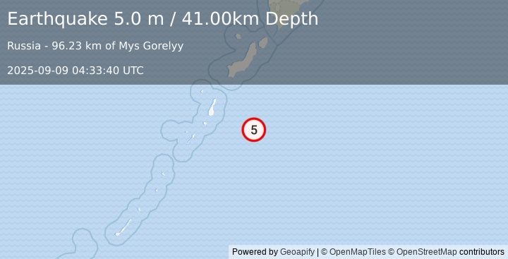 Earthquake KURIL ISLANDS (5.0 mb) (2025-09-09 04:33:36 UTC)