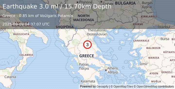 Earthquake GREECE (3.0 ml) (2025-09-09 04:37:07 UTC)