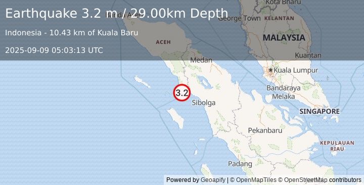 Earthquake NORTHERN SUMATRA, INDONESIA (3.2 m) (2025-09-09 05:03:13 UTC)