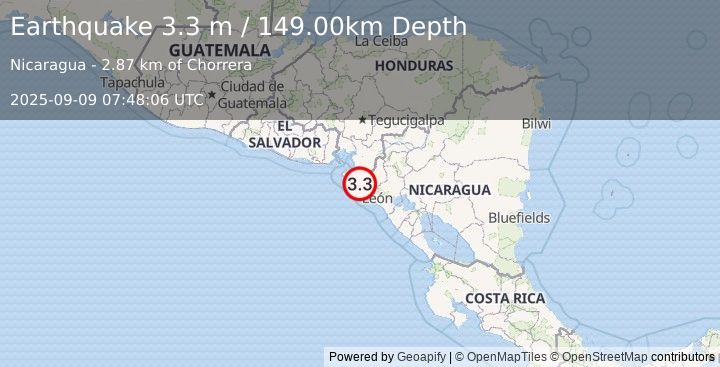 Earthquake NEAR COAST OF NICARAGUA (3.1 m) (2025-09-09 07:48:05 UTC)