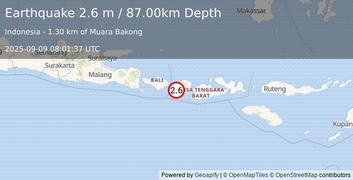 Earthquake LOMBOK REGION, INDONESIA (2.6 m) (2025-09-09 08:01:37 UTC)