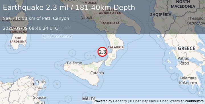 Earthquake SICILY, ITALY (2.3 ml) (2025-09-09 08:46:24 UTC)