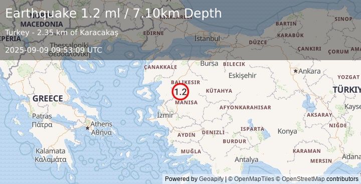 Earthquake WESTERN TURKEY (1.2 ml) (2025-09-09 09:53:09 UTC)