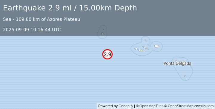 Earthquake AZORES ISLANDS, PORTUGAL (2.9 ml) (2025-09-09 10:16:44 UTC)