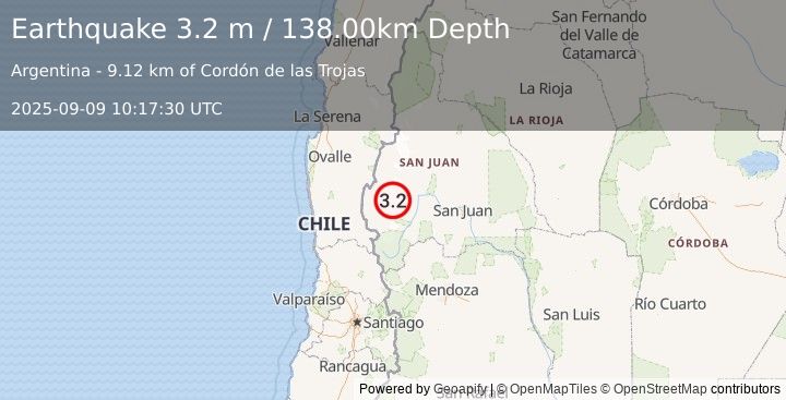 Earthquake SAN JUAN, ARGENTINA (3.3 ml) (2025-09-09 10:17:10 UTC)