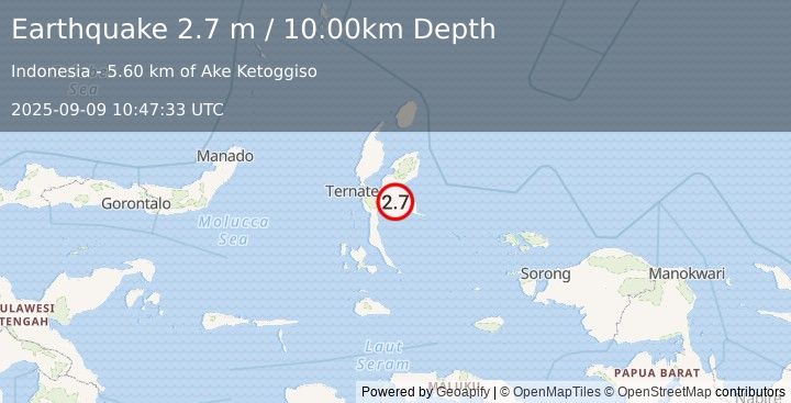 Earthquake HALMAHERA, INDONESIA (2.7 m) (2025-09-09 10:47:33 UTC)