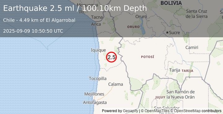 Earthquake TARAPACA, CHILE (2.5 ml) (2025-09-09 10:50:50 UTC)