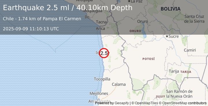 Earthquake TARAPACA, CHILE (2.5 ml) (2025-09-09 11:10:13 UTC)