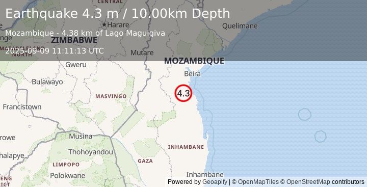 Earthquake MOZAMBIQUE (4.3 m) (2025-09-09 11:11:13 UTC)