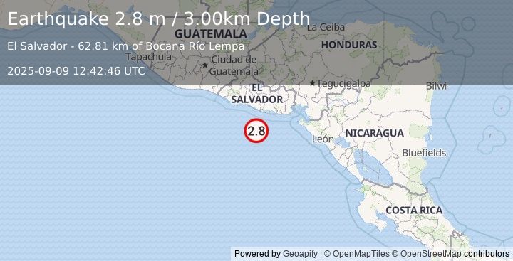 Earthquake OFFSHORE EL SALVADOR (2.8 m) (2025-09-09 12:42:46 UTC)