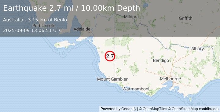 Earthquake NEAR COAST OF SOUTH AUSTRALIA (2.7 ml) (2025-09-09 13:06:51 UTC)