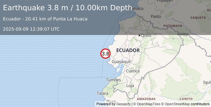 Earthquake OFF COAST OF ECUADOR (3.8 m) (2025-09-09 12:39:07 UTC)