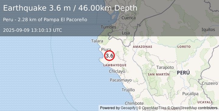 Earthquake NEAR COAST OF NORTHERN PERU (3.6 m) (2025-09-09 13:10:13 UTC)