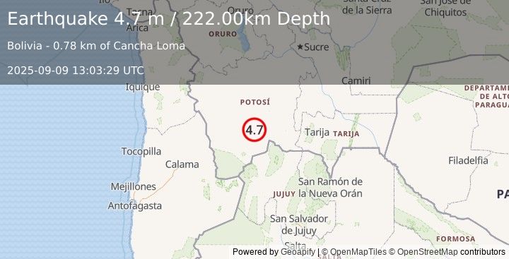 Earthquake POTOSI, BOLIVIA (4.7 m) (2025-09-09 13:03:29 UTC)