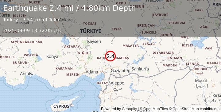 Earthquake CENTRAL TURKEY (2.4 ml) (2025-09-09 13:32:05 UTC)
