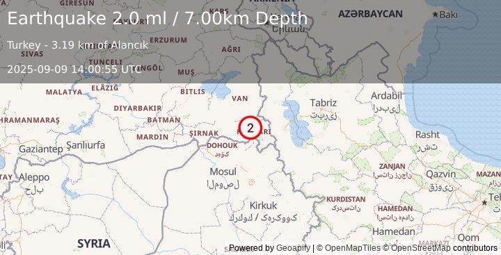 Earthquake TURKEY-IRAQ BORDER REGION (2.0 ml) (2025-09-09 14:00:55 UTC)