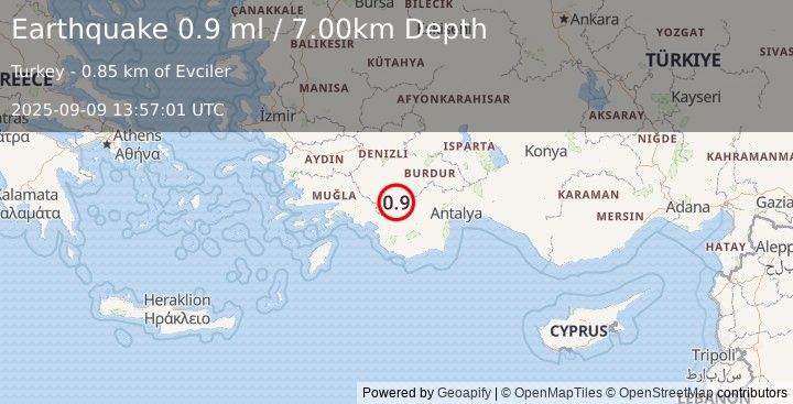 Earthquake WESTERN TURKEY (0.9 ml) (2025-09-09 13:57:01 UTC)