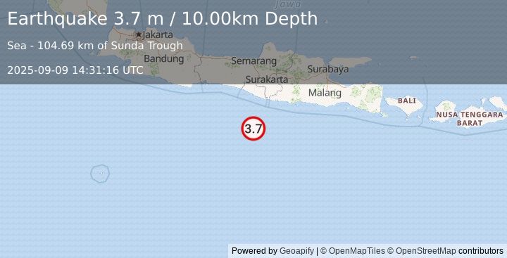 Earthquake SOUTH OF JAVA, INDONESIA (3.7 m) (2025-09-09 14:31:16 UTC)