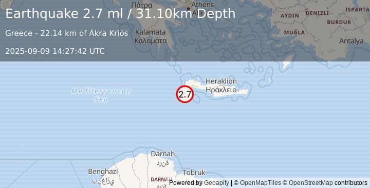 Earthquake CRETE, GREECE (2.7 ml) (2025-09-09 14:27:42 UTC)