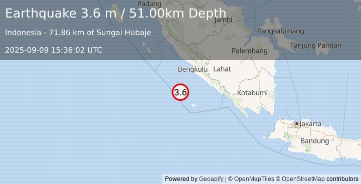Earthquake SOUTHERN SUMATRA, INDONESIA (3.6 m) (2025-09-09 15:36:02 UTC)
