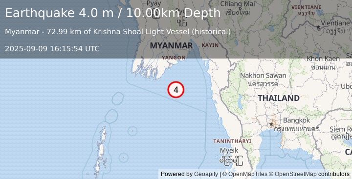 Earthquake NEAR SOUTH COAST OF MYANMAR (4.0 m) (2025-09-09 16:15:54 UTC)