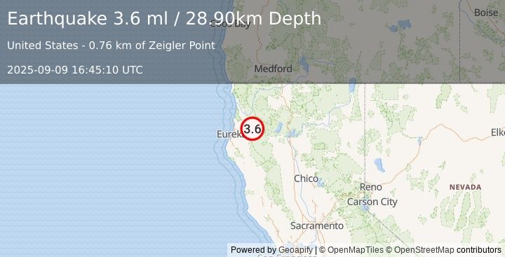 Earthquake NORTHERN CALIFORNIA (3.6 ml) (2025-09-09 16:45:10 UTC)