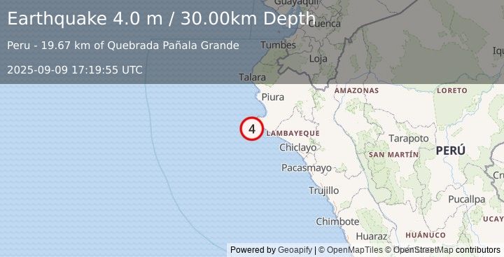 Earthquake NEAR COAST OF NORTHERN PERU (4.0 m) (2025-09-09 17:19:55 UTC)