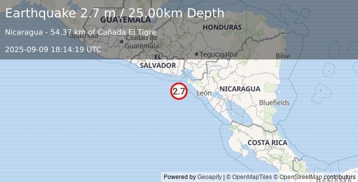 Earthquake NEAR COAST OF NICARAGUA (2.7 m) (2025-09-09 18:14:19 UTC)