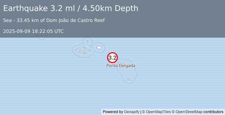 Earthquake AZORES ISLANDS, PORTUGAL (3.2 ml) (2025-09-09 18:22:05 UTC)