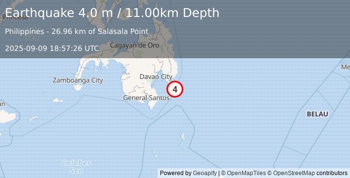Earthquake MINDANAO, PHILIPPINES (4.0 m) (2025-09-09 18:57:26 UTC)