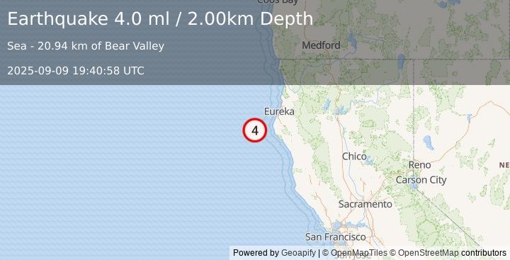 Earthquake OFFSHORE NORTHERN CALIFORNIA (4.0 ml) (2025-09-09 19:40:58 UTC)