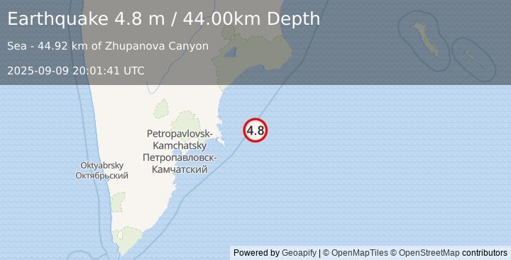Earthquake NEAR EAST COAST OF KAMCHATKA (4.8 m) (2025-09-09 20:01:41 UTC)