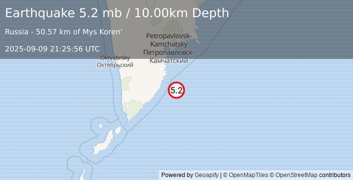 Earthquake OFF EAST COAST OF KAMCHATKA (5.2 mb) (2025-09-09 21:26:00 UTC)