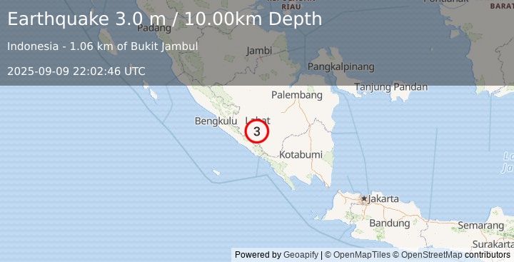 Earthquake SOUTHERN SUMATRA, INDONESIA (3.0 m) (2025-09-09 22:02:46 UTC)