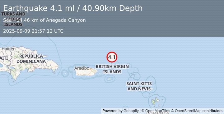 Earthquake VIRGIN ISLANDS REGION (4.1 ml) (2025-09-09 21:57:12 UTC)