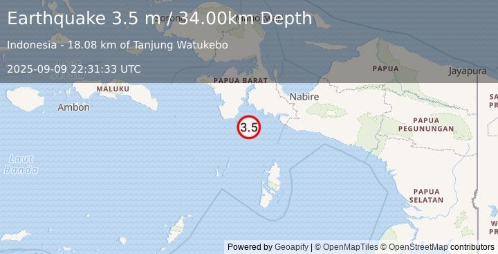 Earthquake NEAR S COAST OF PAPUA, INDONESIA (3.5 m) (2025-09-09 22:31:33 UTC)
